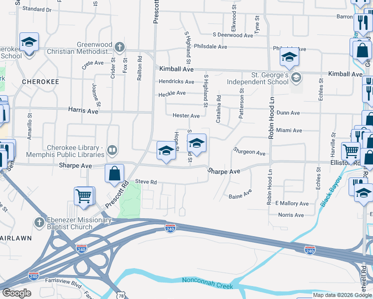 map of restaurants, bars, coffee shops, grocery stores, and more near 1592 South Highland Street in Memphis