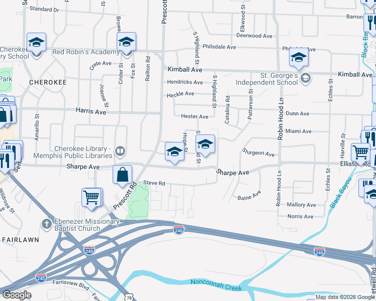 map of restaurants, bars, coffee shops, grocery stores, and more near 1585 Hope Street in Memphis