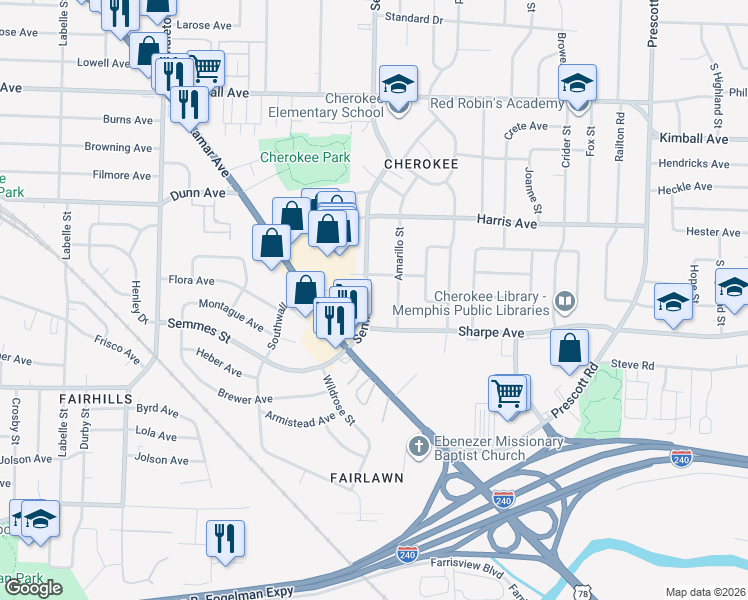 map of restaurants, bars, coffee shops, grocery stores, and more near 1606 Semmes Street in Memphis