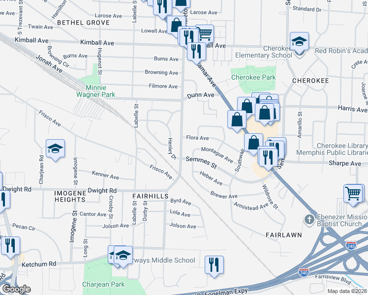 map of restaurants, bars, coffee shops, grocery stores, and more near 2096 Pendleton Street in Memphis