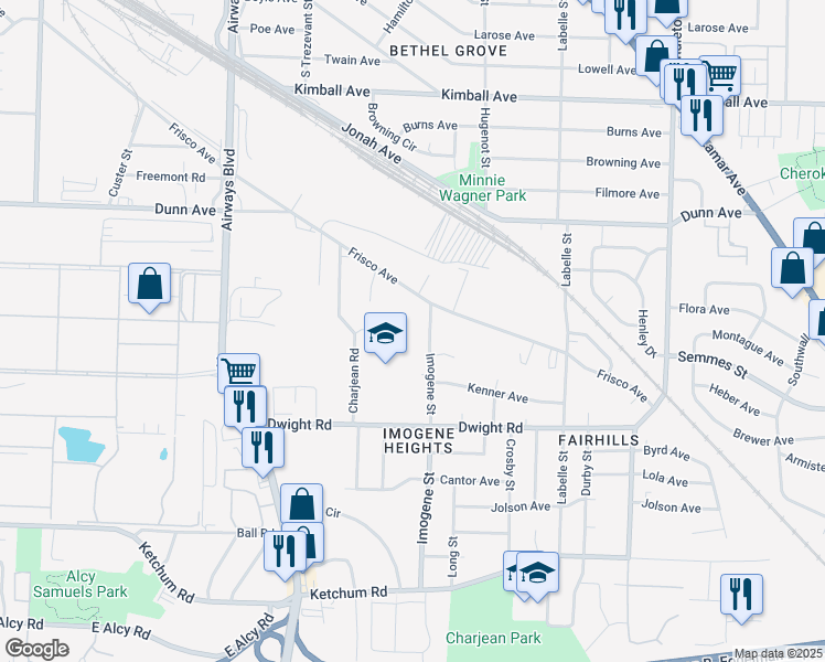 map of restaurants, bars, coffee shops, grocery stores, and more near 2103 Imogene Street in Memphis