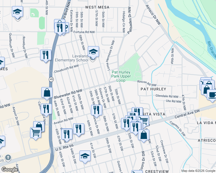 map of restaurants, bars, coffee shops, grocery stores, and more near 386 57th Street Northwest in Albuquerque
