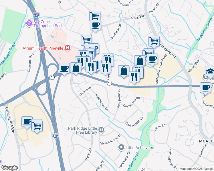 map of restaurants, bars, coffee shops, grocery stores, and more near 8641 North Carolina 51 in Charlotte