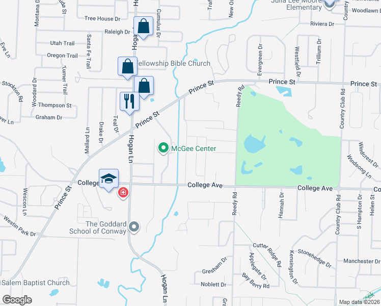 map of restaurants, bars, coffee shops, grocery stores, and more near 3700 Jeanna Drive in Conway
