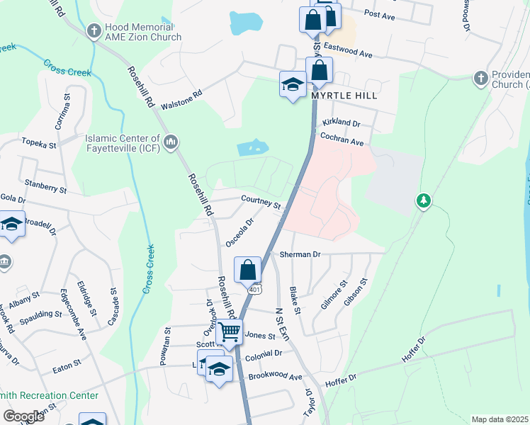 map of restaurants, bars, coffee shops, grocery stores, and more near 2080 Osceola Drive in Fayetteville