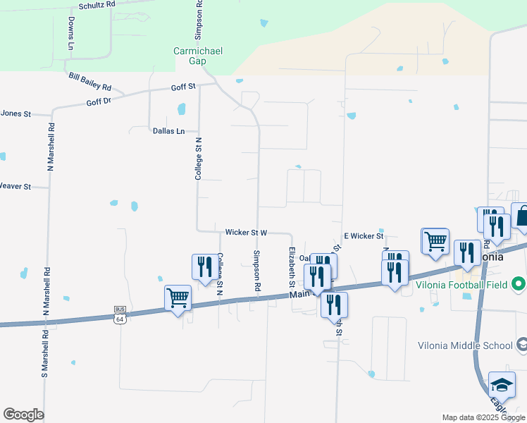 map of restaurants, bars, coffee shops, grocery stores, and more near 43 Simpson Road in Vilonia