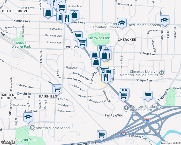 map of restaurants, bars, coffee shops, grocery stores, and more near 2910 Flora Avenue in Memphis