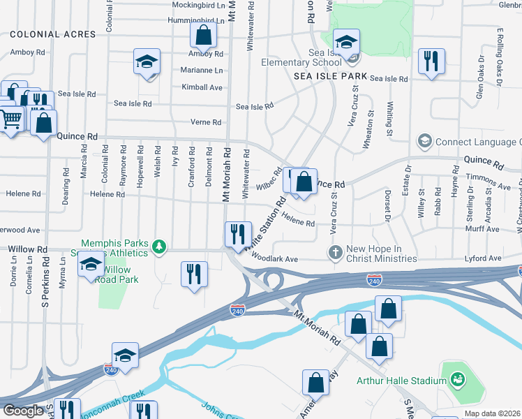 map of restaurants, bars, coffee shops, grocery stores, and more near 5060 Helene Road in Memphis