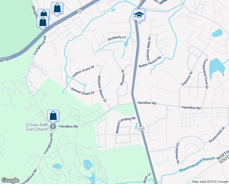 map of restaurants, bars, coffee shops, grocery stores, and more near 15310 Orkney Court in Charlotte