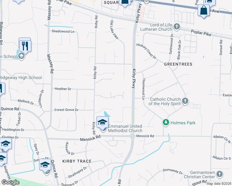 map of restaurants, bars, coffee shops, grocery stores, and more near 6614 Green Shadows Ln in Memphis