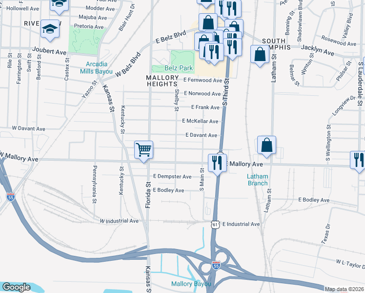 map of restaurants, bars, coffee shops, grocery stores, and more near 88 East Gage Avenue in Memphis