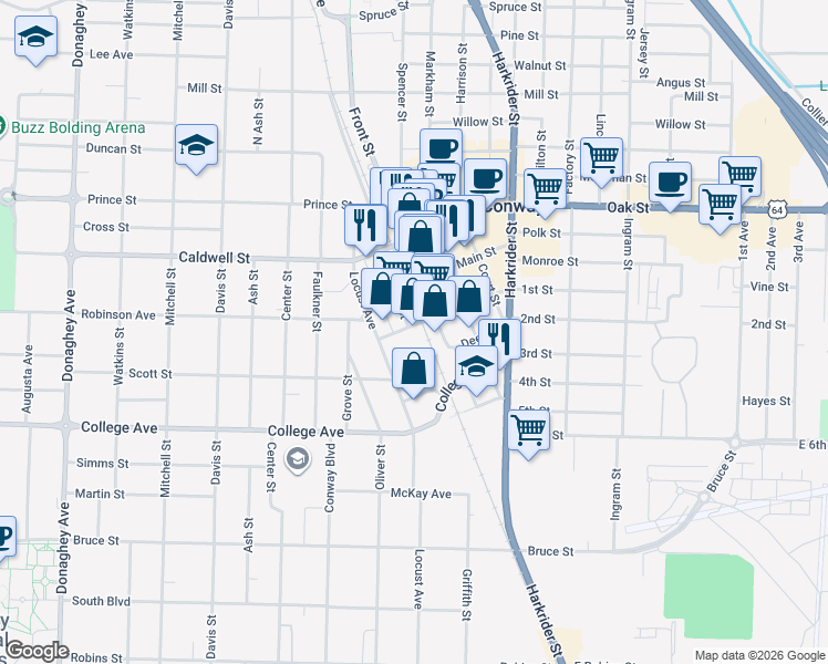 map of restaurants, bars, coffee shops, grocery stores, and more near 1307 Prairie Street in Conway