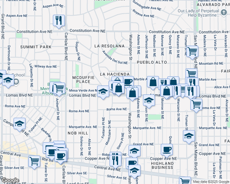 map of restaurants, bars, coffee shops, grocery stores, and more near 4209 Lomas Boulevard Northeast in Albuquerque