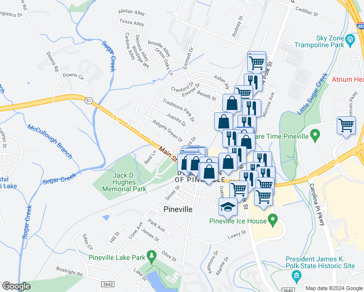 map of restaurants, bars, coffee shops, grocery stores, and more near 103 Cranford Drive in Pineville