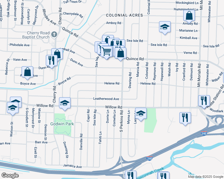 map of restaurants, bars, coffee shops, grocery stores, and more near 4604 East Dearing Road in Memphis