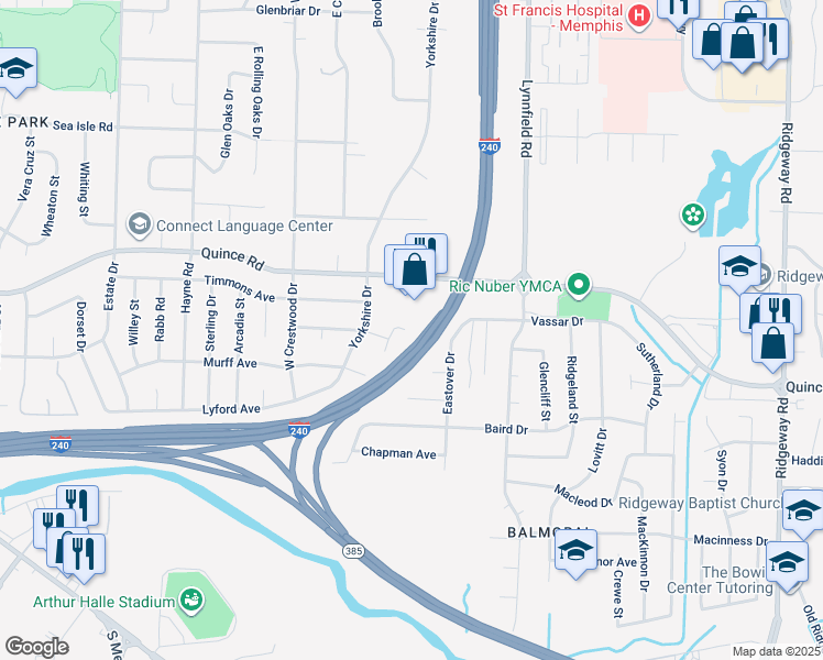 map of restaurants, bars, coffee shops, grocery stores, and more near 5666 Hinton Place in Memphis