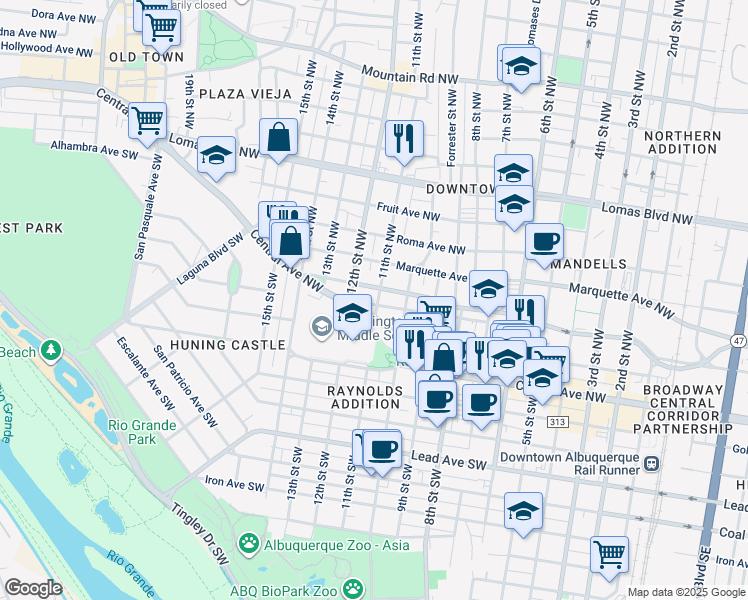 map of restaurants, bars, coffee shops, grocery stores, and more near 1010 Tijeras Avenue Northwest in Albuquerque