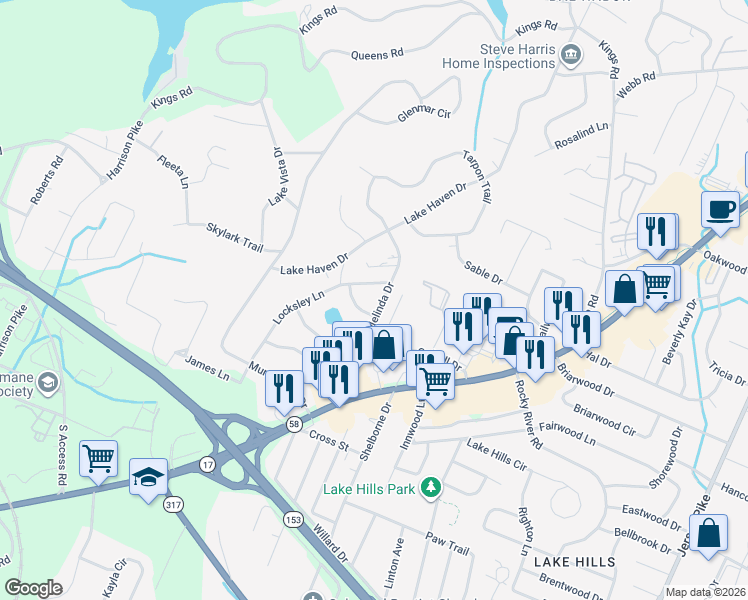 map of restaurants, bars, coffee shops, grocery stores, and more near 4108 Melinda Drive in Chattanooga