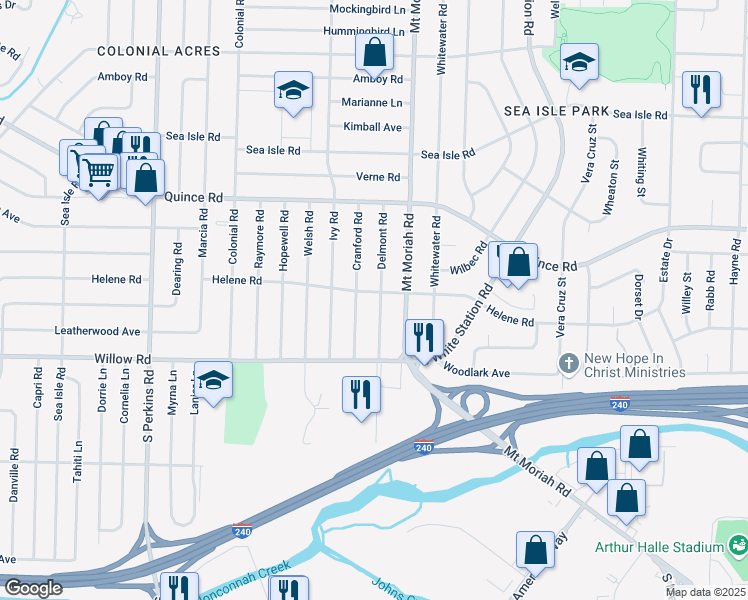map of restaurants, bars, coffee shops, grocery stores, and more near 4927 Helene Road in Memphis