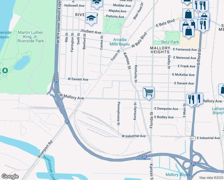 map of restaurants, bars, coffee shops, grocery stores, and more near 183 Fairview Drive in Memphis