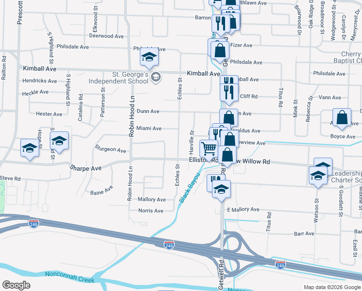 map of restaurants, bars, coffee shops, grocery stores, and more near 1601 Echles Street in Memphis