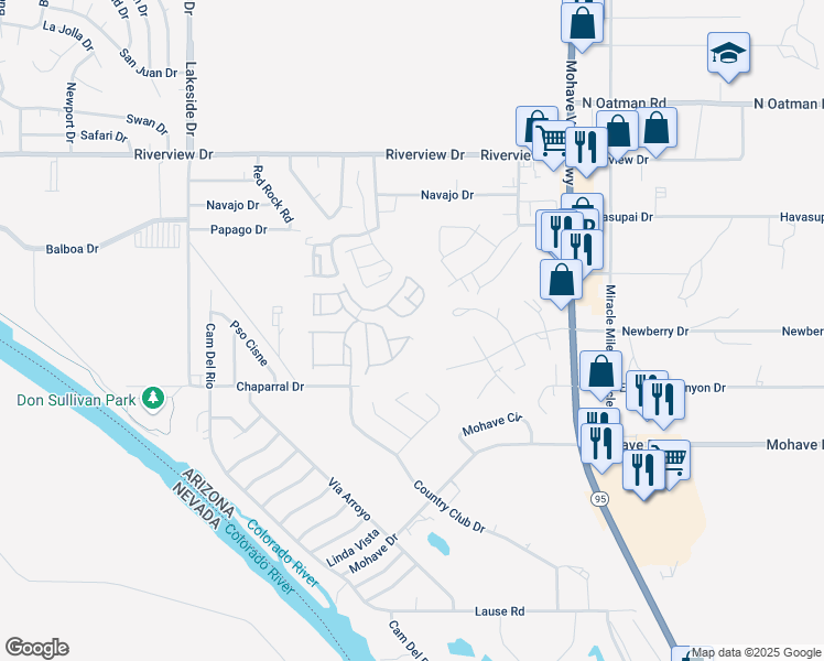 map of restaurants, bars, coffee shops, grocery stores, and more near 2414 Granite Circle in Bullhead City