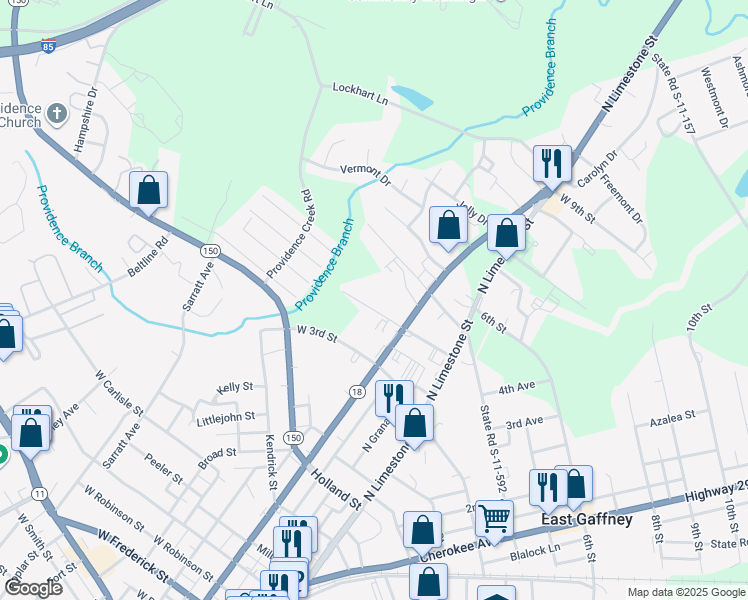 map of restaurants, bars, coffee shops, grocery stores, and more near 228 Pryor Street in Gaffney