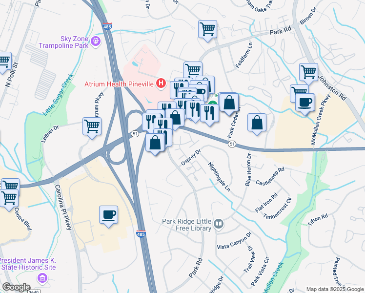 map of restaurants, bars, coffee shops, grocery stores, and more near 8847 Hunter Ridge Drive in Charlotte