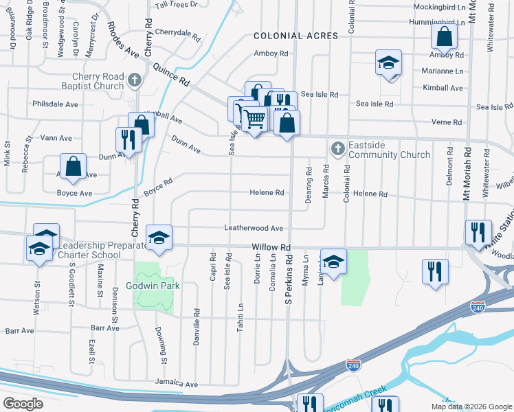 map of restaurants, bars, coffee shops, grocery stores, and more near 4584 East Dearing Road in Memphis