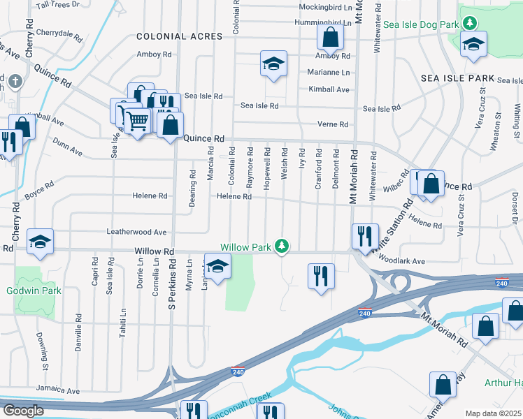 map of restaurants, bars, coffee shops, grocery stores, and more near 1605 Hopewell Road in Memphis
