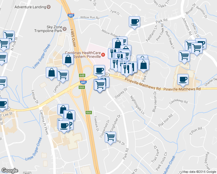 map of restaurants, bars, coffee shops, grocery stores, and more near 8905 Hunter Ridge Drive in Charlotte