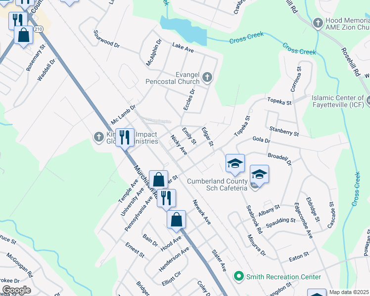 map of restaurants, bars, coffee shops, grocery stores, and more near 2218 Nicky Avenue in Fayetteville