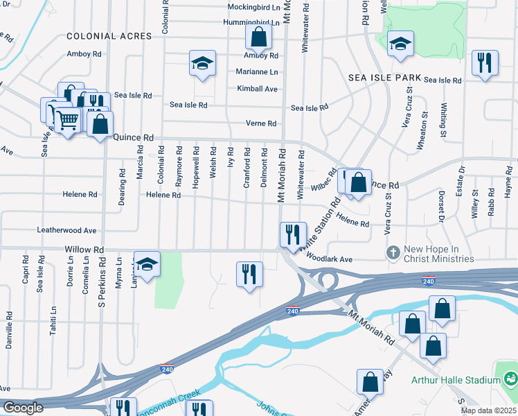 map of restaurants, bars, coffee shops, grocery stores, and more near 4927 Helene Road in Memphis