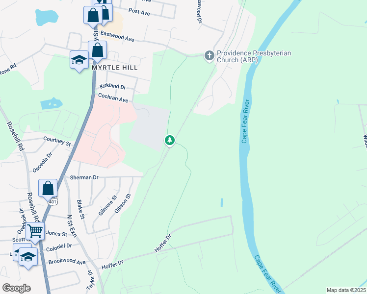map of restaurants, bars, coffee shops, grocery stores, and more near Cape Fear River Trail in Fayetteville