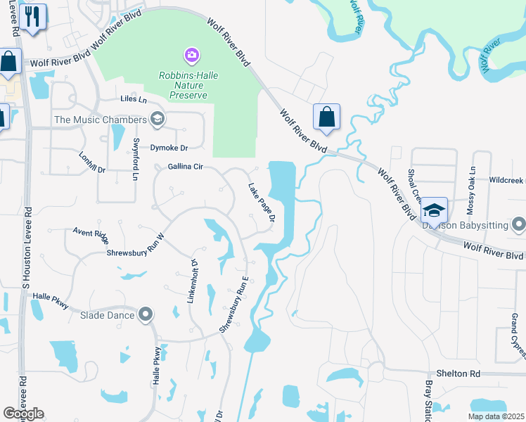 map of restaurants, bars, coffee shops, grocery stores, and more near 2223 Lake Page Drive in Collierville
