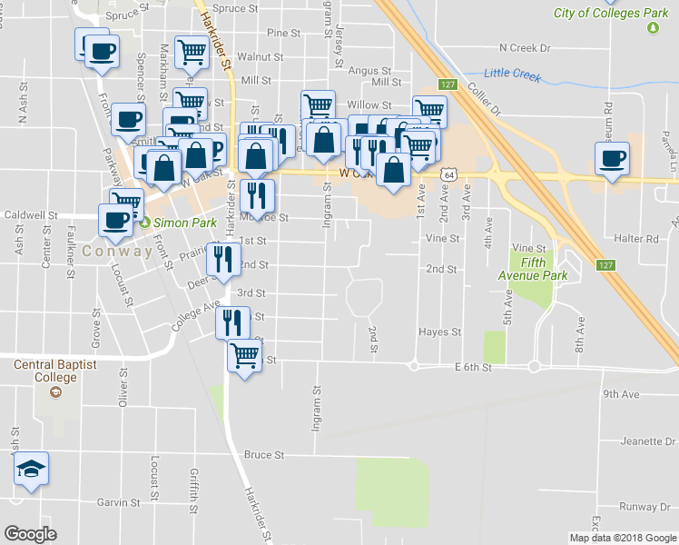 map of restaurants, bars, coffee shops, grocery stores, and more near 415 2nd Street in Conway