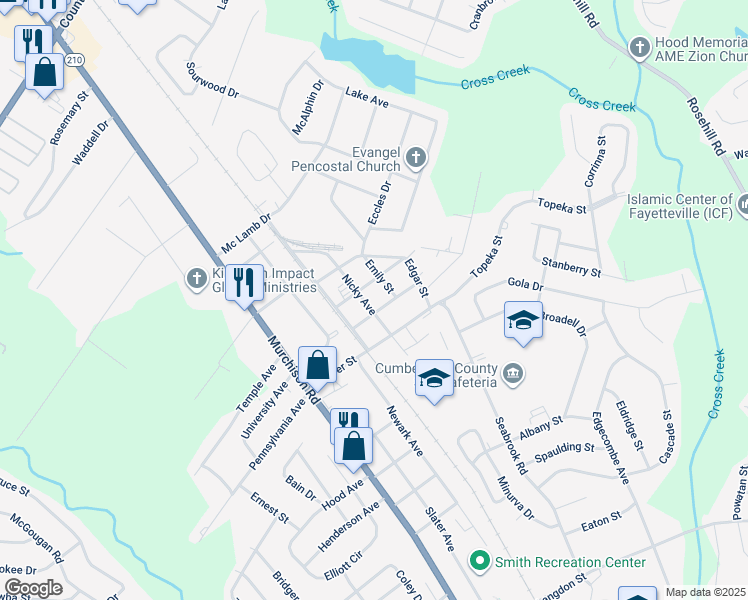 map of restaurants, bars, coffee shops, grocery stores, and more near 2218 Nicky Avenue in Fayetteville