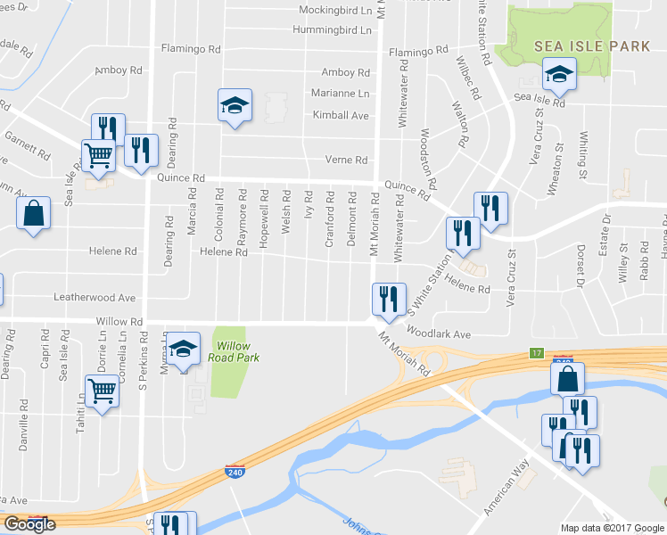 map of restaurants, bars, coffee shops, grocery stores, and more near 4927 Helene Road in Memphis