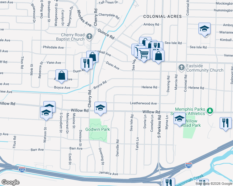 map of restaurants, bars, coffee shops, grocery stores, and more near 4464 East Dearing Road in Memphis