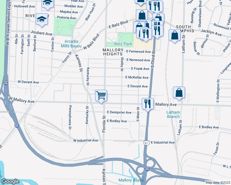 map of restaurants, bars, coffee shops, grocery stores, and more near 46 East Gage Avenue in Memphis