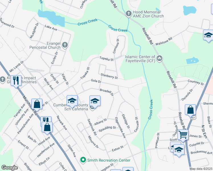 map of restaurants, bars, coffee shops, grocery stores, and more near 1853 Gola Dr in Fayetteville