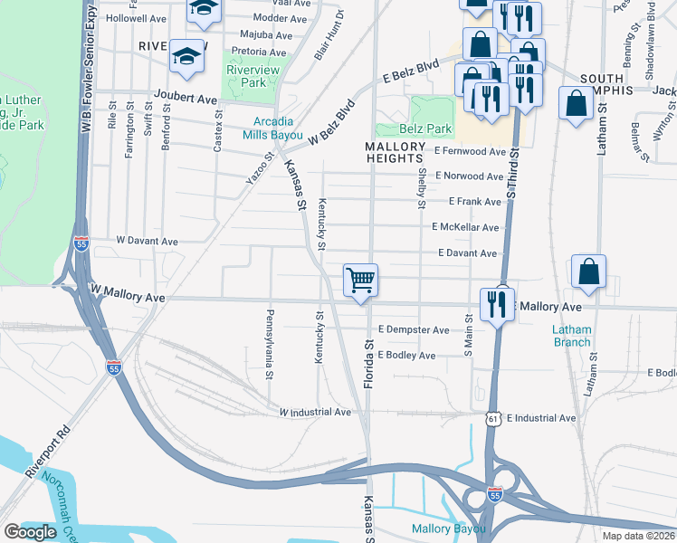 map of restaurants, bars, coffee shops, grocery stores, and more near 46 West Gage Avenue in Memphis
