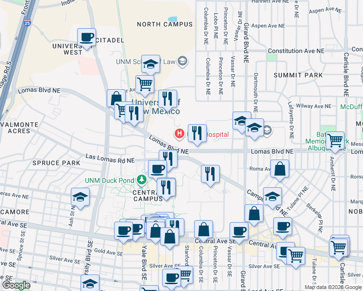 map of restaurants, bars, coffee shops, grocery stores, and more near in Albuquerque