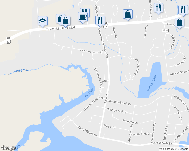 map of restaurants, bars, coffee shops, grocery stores, and more near 907 Leeward Drive in Trent Woods