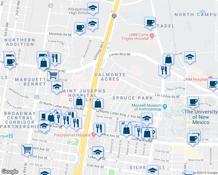 map of restaurants, bars, coffee shops, grocery stores, and more near 99999 Encino Place in Albuquerque