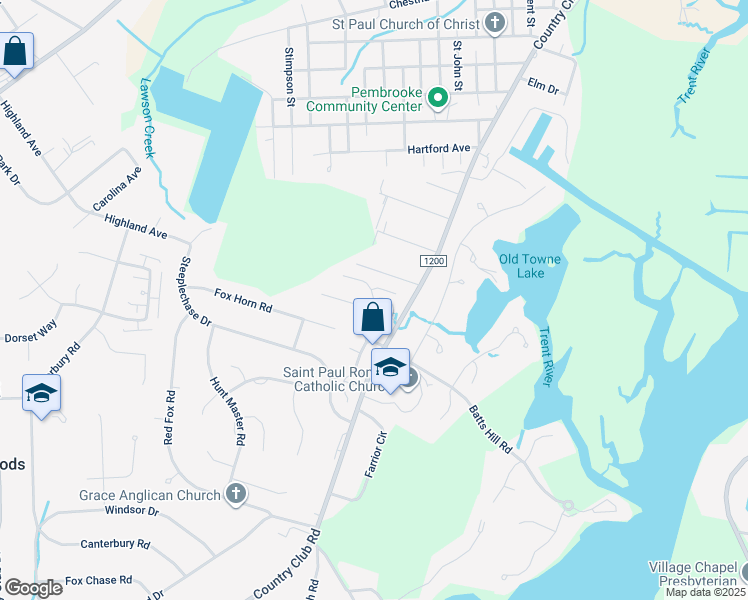 map of restaurants, bars, coffee shops, grocery stores, and more near Towne Woods Drive in New Bern