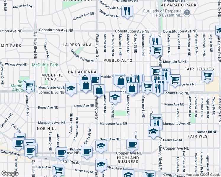 map of restaurants, bars, coffee shops, grocery stores, and more near 609 Jefferson Street Northeast in Albuquerque