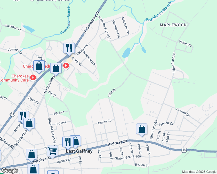 map of restaurants, bars, coffee shops, grocery stores, and more near 865 10th Street in Gaffney