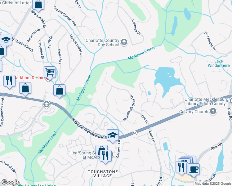 map of restaurants, bars, coffee shops, grocery stores, and more near 8612 Aberdeen Wood Court in Charlotte