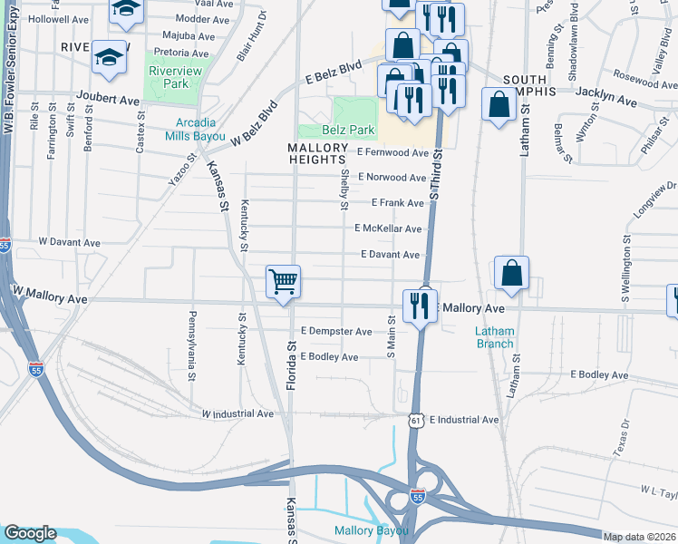 map of restaurants, bars, coffee shops, grocery stores, and more near 46 East Gage Avenue in Memphis